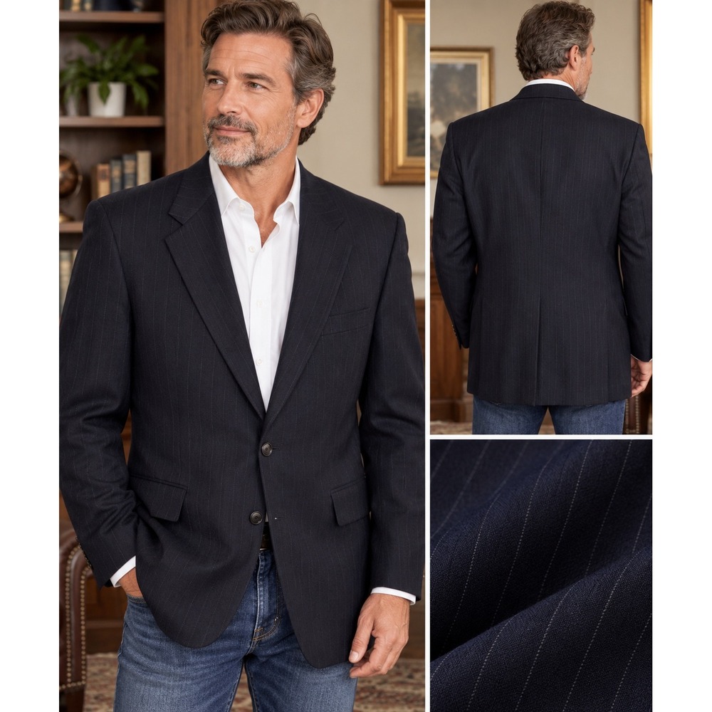 Vintage Austin Reed Men's Navy Pinstripe Wool Blazer Sport Coat USA